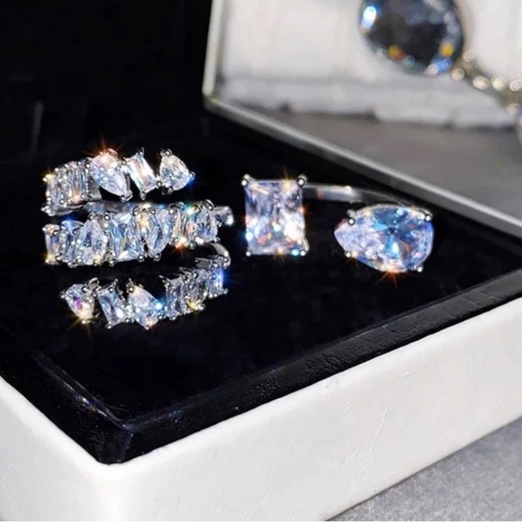 Sterling Silver Water Drop Zircon Stone Adjustable Ring Sparkly Luxury Floating - Picture 17 of 17